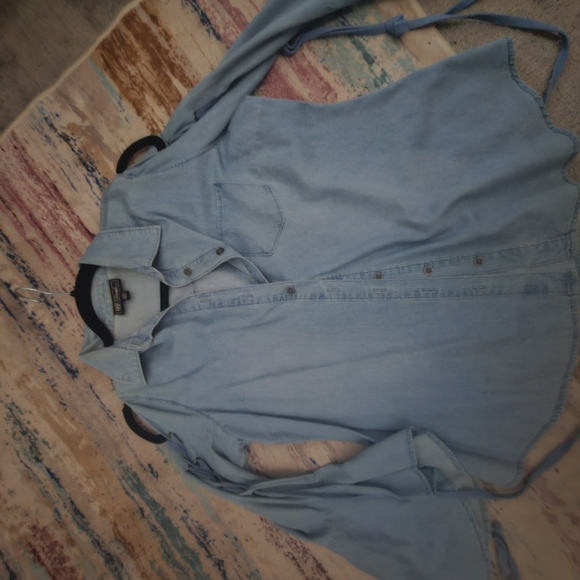 NEW!! Zara Blue Denim Open Shoulder Flare Sleeve Shirt - Picture 9 of 9